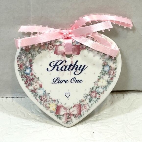 Vintage Heart "Kathy" "Pure One" Holiday Christmas Ornament Ceramic 3" - Picture 2 of 7